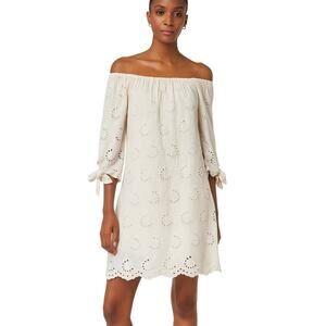 Valentina Naldi Cotton Off-the-Shoulder Eyelet Dress in Oatmilk size Small NWT